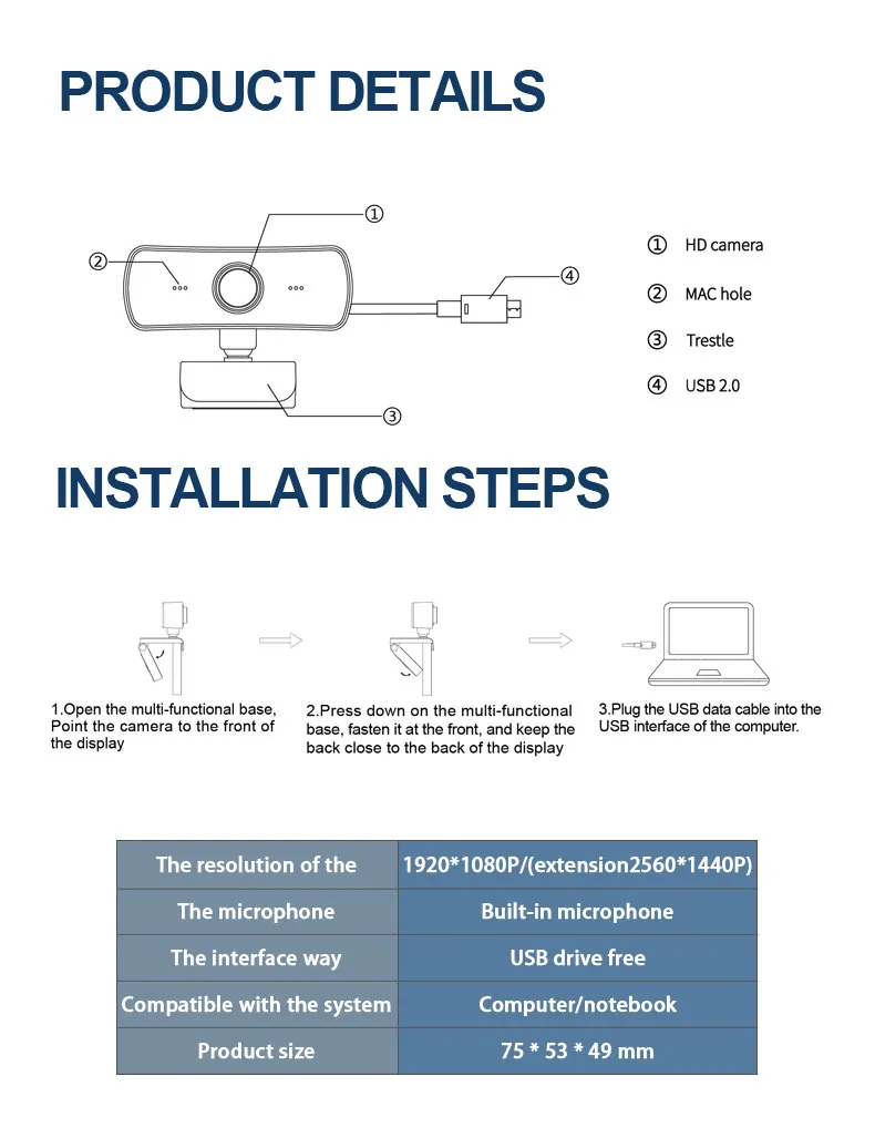 USB HD 2K Webcam – Autofocus & Built-in Microphone