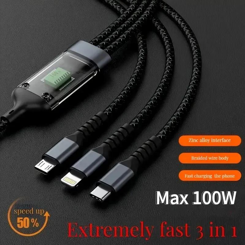 100W 3-in-1 Fast Charging Cable – Type-C & Multi-Use