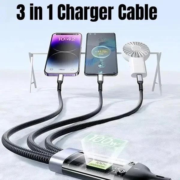 100W 3-in-1 Fast Charging Cable – Type-C & Multi-Use